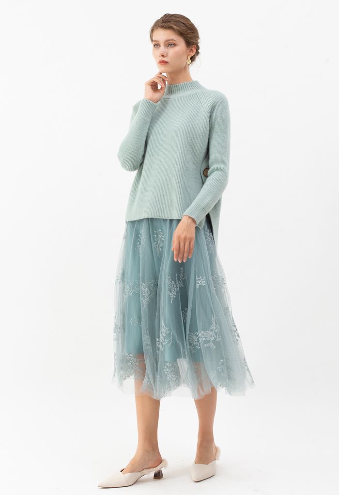 Falda midi de malla con bordado de lentejuelas en turquesa