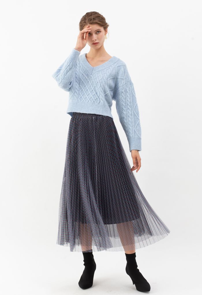 Falda midi de malla plisada de doble capa de cuadros vichy en azul marino