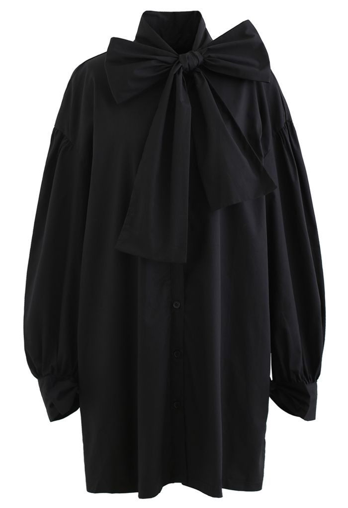 Vestido camisero tipo túnica con botones y lazo en negro