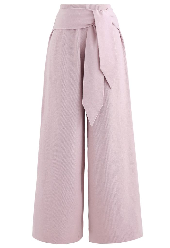 Pantalones anchos de punto con cintura anudada en rosa