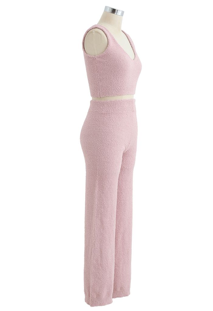 Conjunto de pantalón y top corto de punto esponjoso en rosa