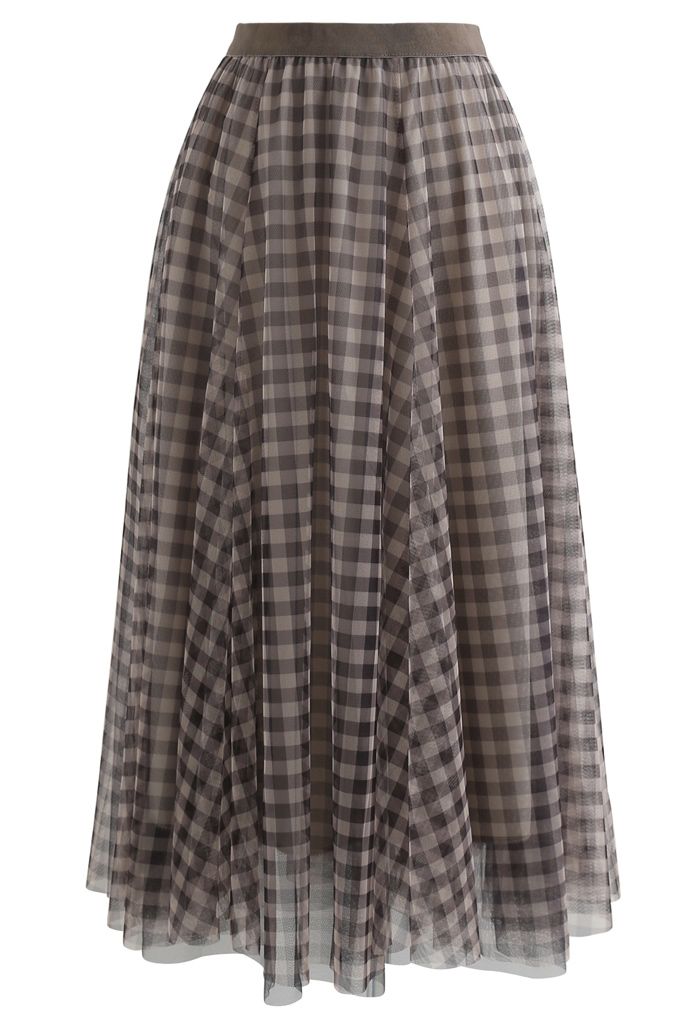 Gingham Double-Layered Mesh Tulle Midi Skirt in Brown