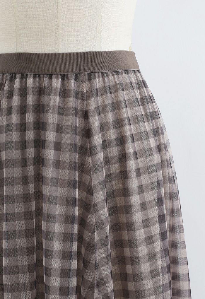 Gingham Double-Layered Mesh Tulle Midi Skirt in Brown