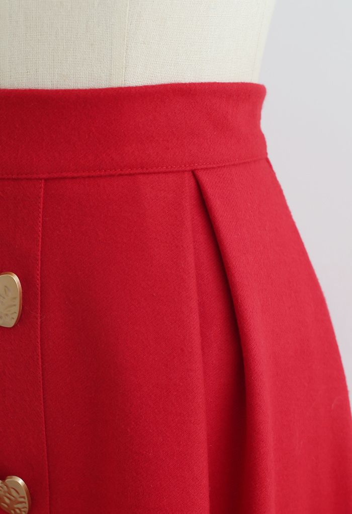 Heart Shape Button Embellished A-Line Midi Skirt in Red