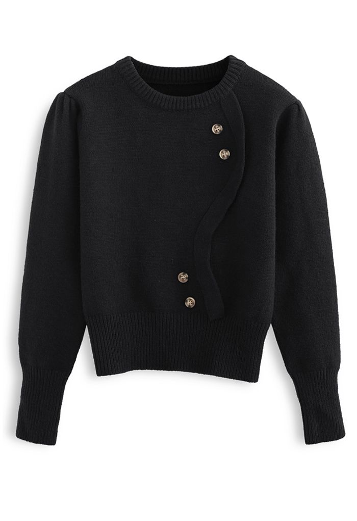 Suéter de punto con botones delanteros ondulados en negro