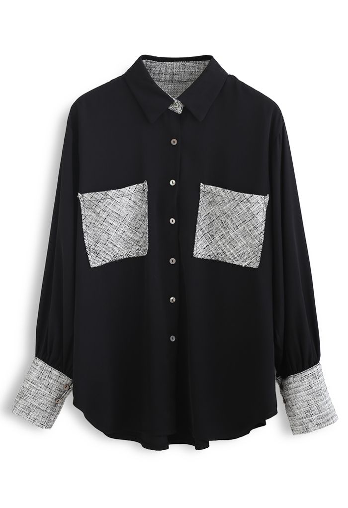 Camisa con botones empalmados de tejido texturizado en negro