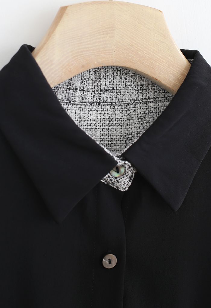 Camisa con botones empalmados de tejido texturizado en negro