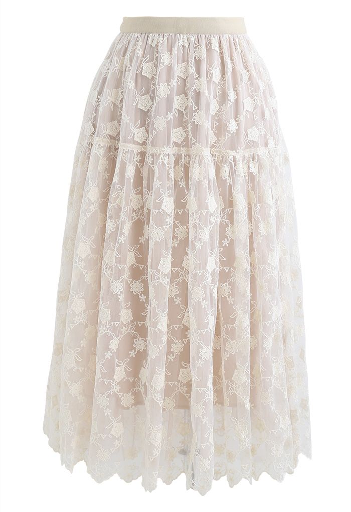 Falda midi de malla superpuesta de organza floral en crema