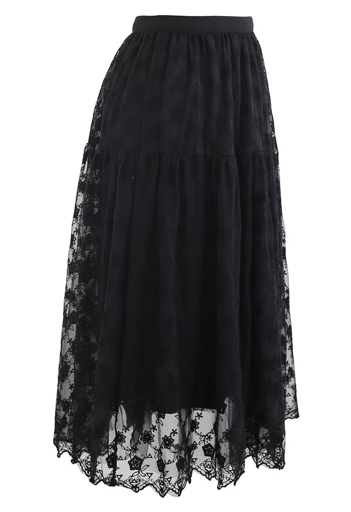 Falda midi de malla superpuesta de organza floral en negro