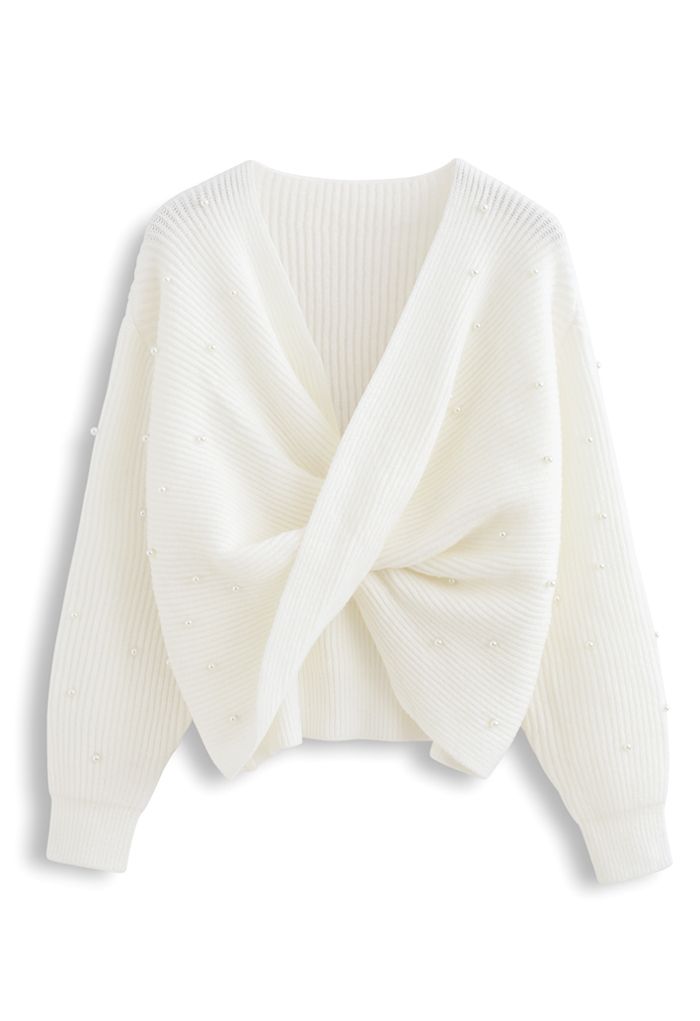 Suéter de punto acanalado con perla al frente torcido en blanco