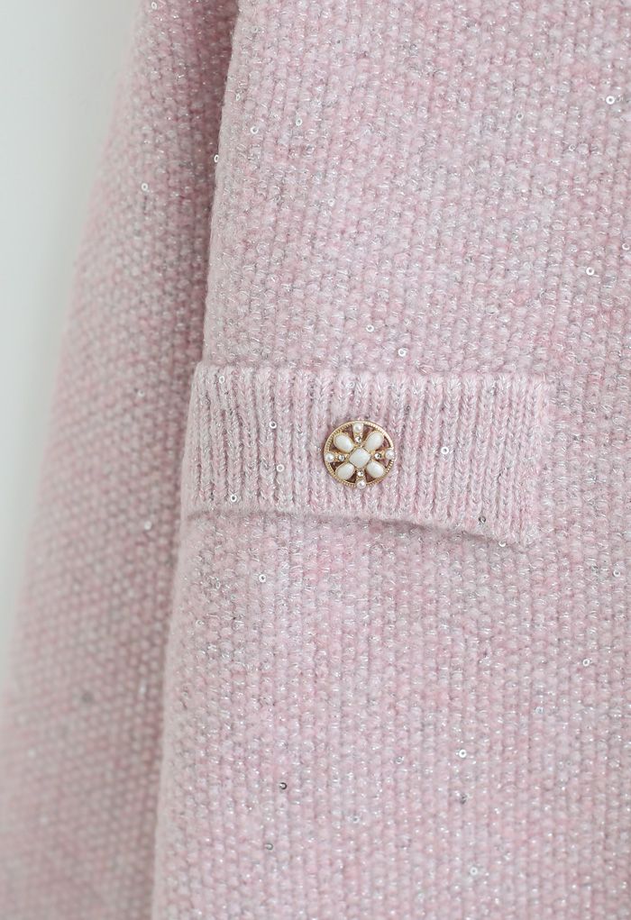 Cárdigan de punto con botones de hilo de lentejuelas en rosa
