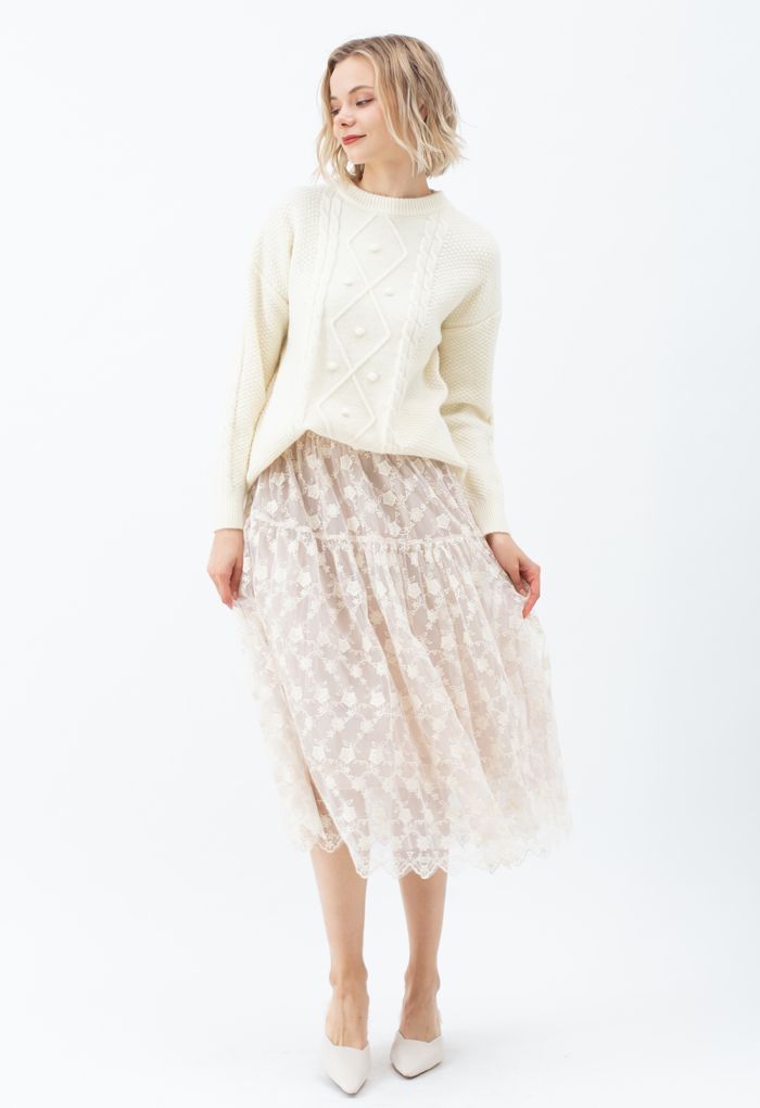 Falda midi de malla superpuesta de organza floral en crema