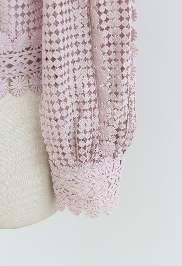 Top de manga larga de crochet completo en tono sólido en rosa