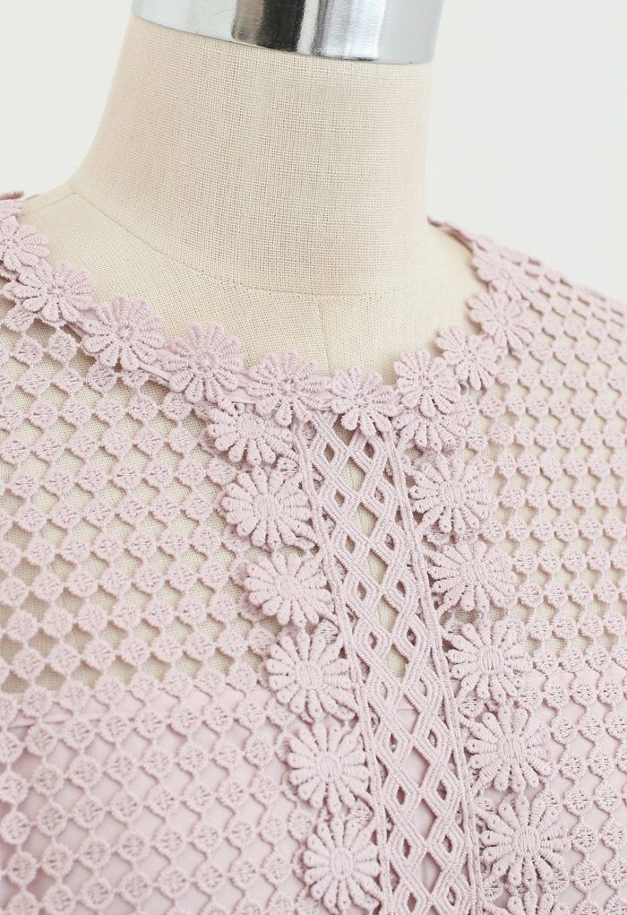 Top de manga larga de crochet completo en tono sólido en rosa