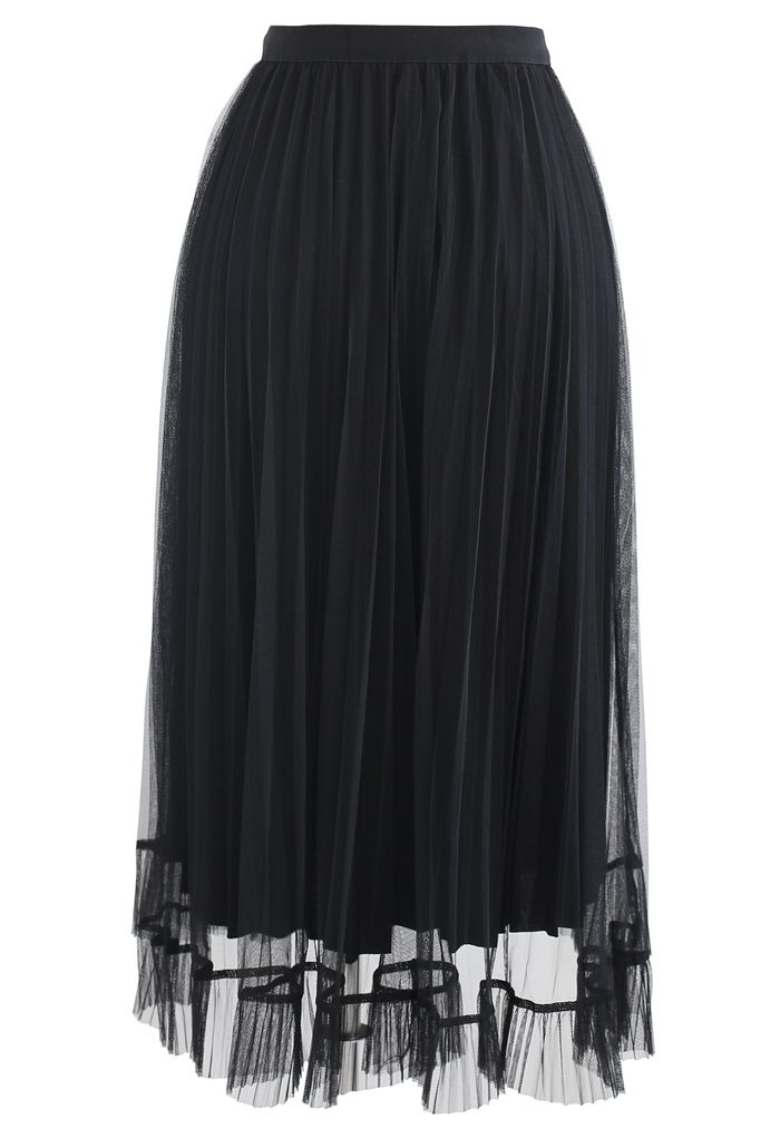 Falda plisada con dobladillo de malla Hi-Lo en negro