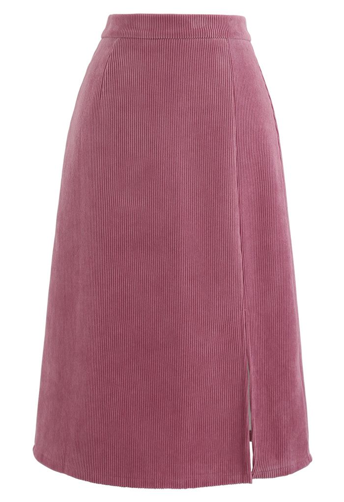 Falda midi de pana con abertura frontal en rosa