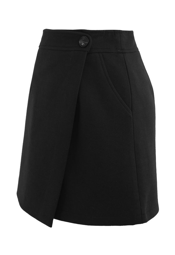 Minifalda de mezcla de lana con botones de solapa en negro