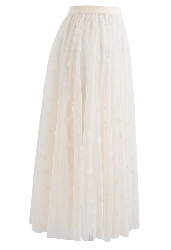 Falda midi de malla de doble capa en color crema de 3D Clover
