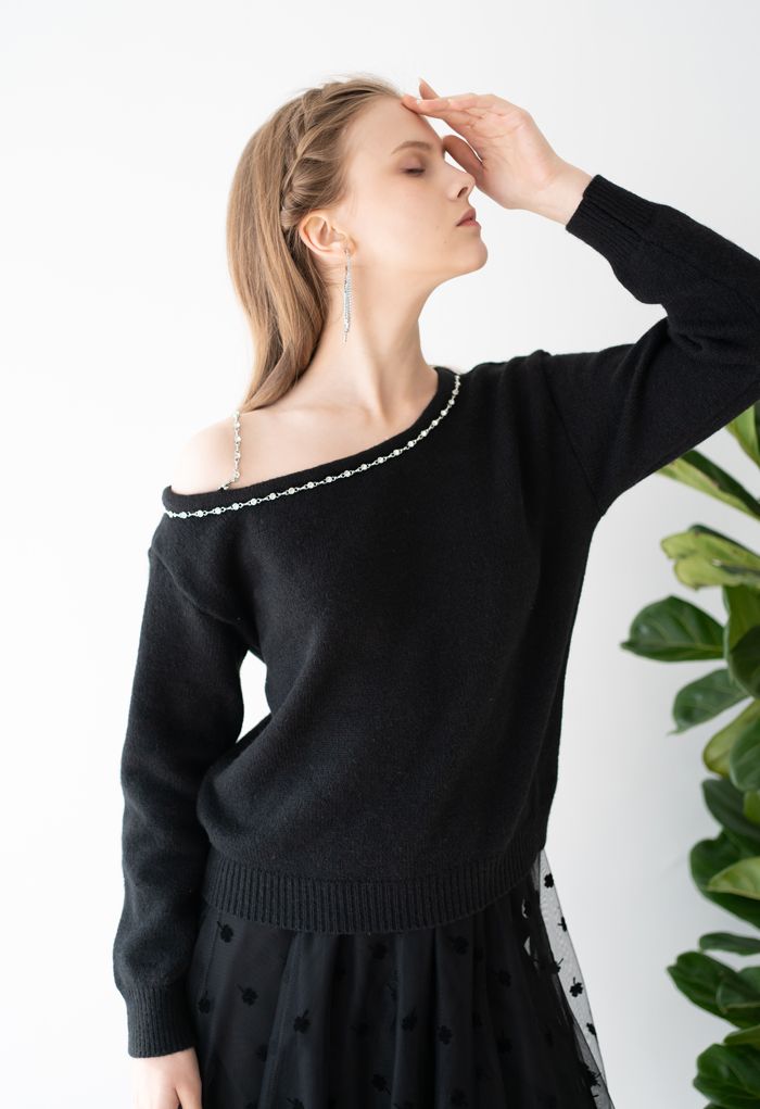 Suéter de punto con correa de diamantes de un hombro en negro