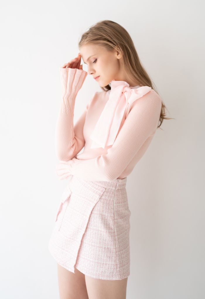 Minifalda asimétrica de tweed en rosa