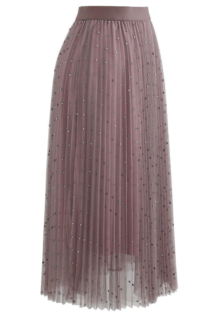 Falda de malla de tul plisada de doble capa con puntos brillantes en baya