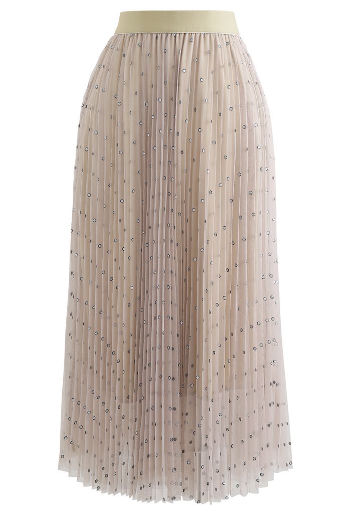Falda de malla de tul plisada de doble capa con puntos brillantes en tostado