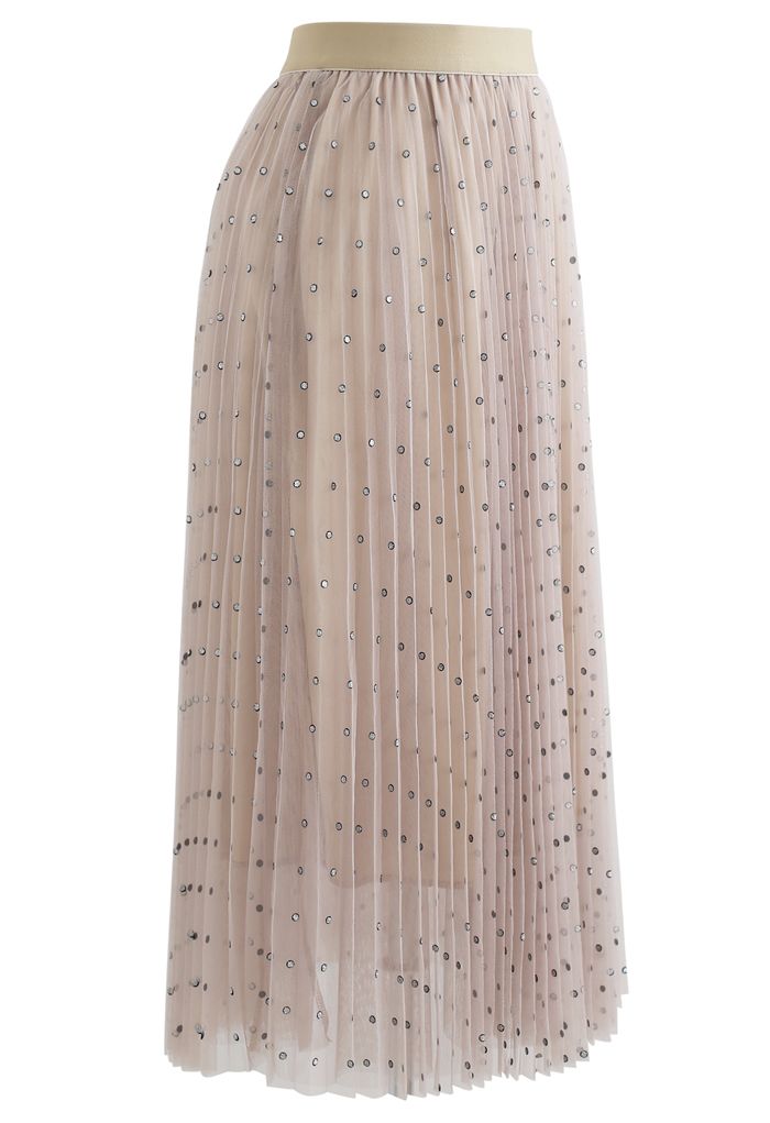 Falda de malla de tul plisada de doble capa con puntos brillantes en tostado
