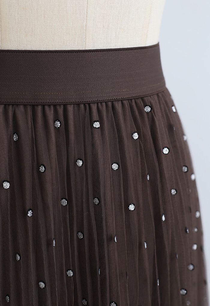 Falda de malla de tul plisada de doble capa con puntos brillantes en marrón