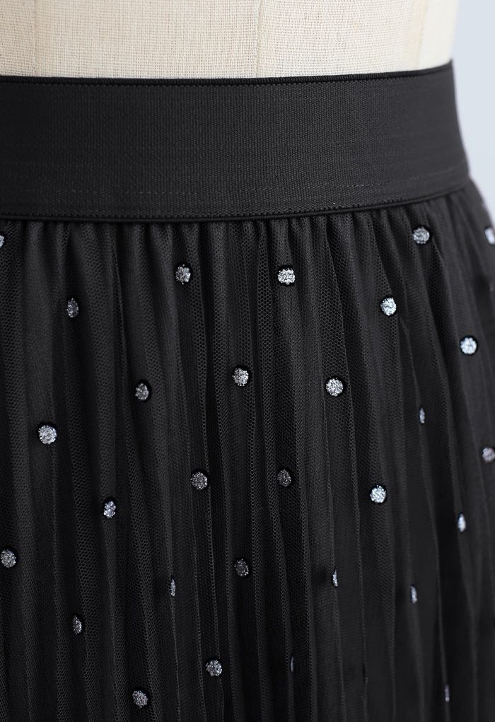 Falda de malla de tul plisada de doble capa con puntos brillantes en negro