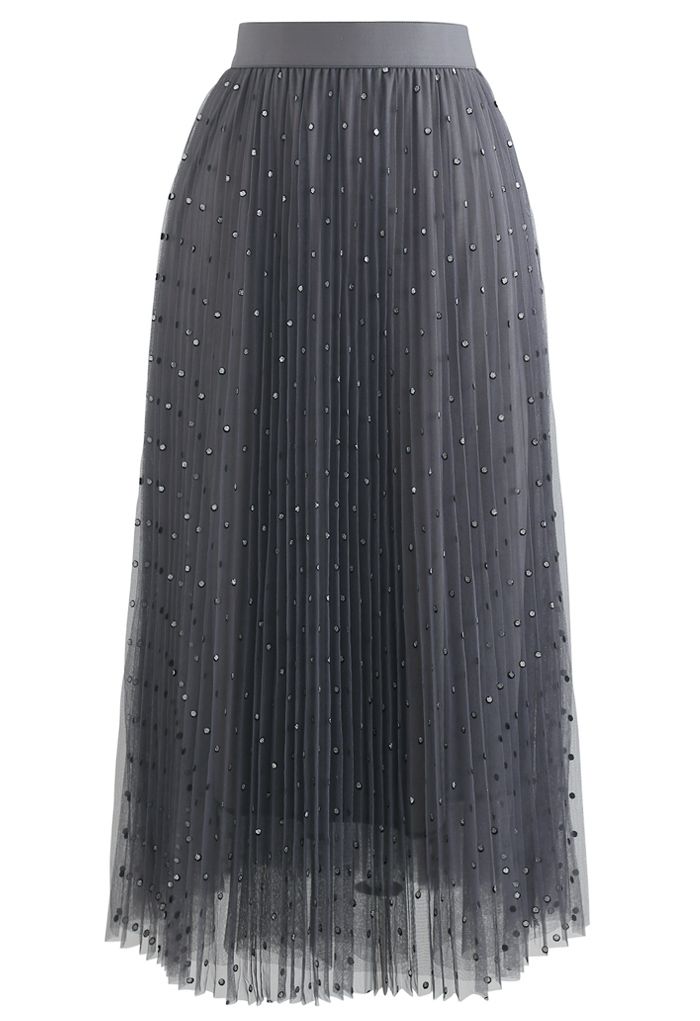 Falda de malla de tul plisada de doble capa con puntos brillantes en humo