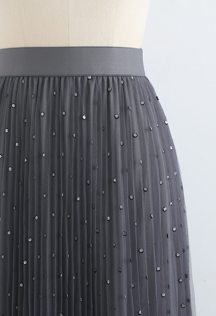 Falda de malla de tul plisada de doble capa con puntos brillantes en humo