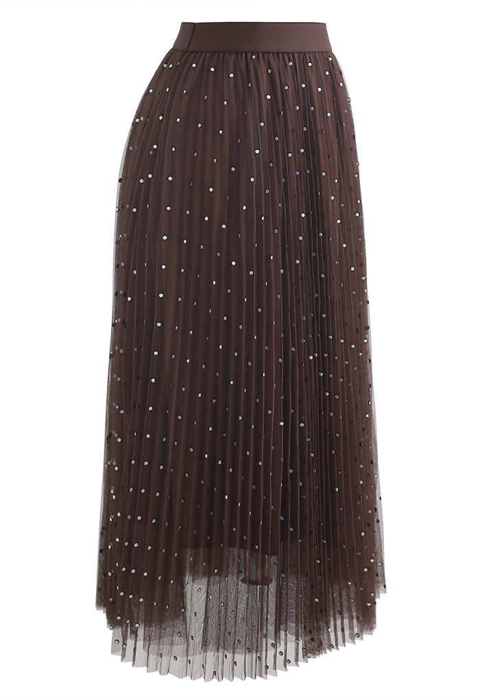Falda de malla de tul plisada de doble capa con puntos brillantes en marrón