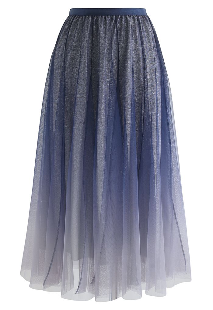 Falda midi de malla de terciopelo brillante degradado en azul marino