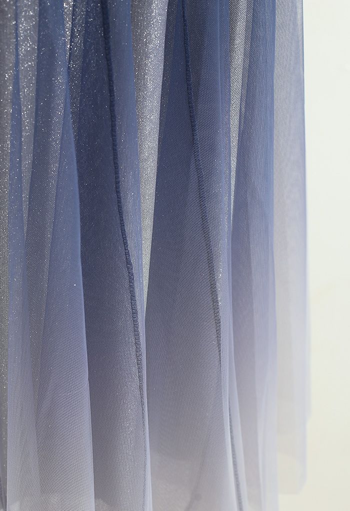 Falda midi de malla de terciopelo brillante degradado en azul marino