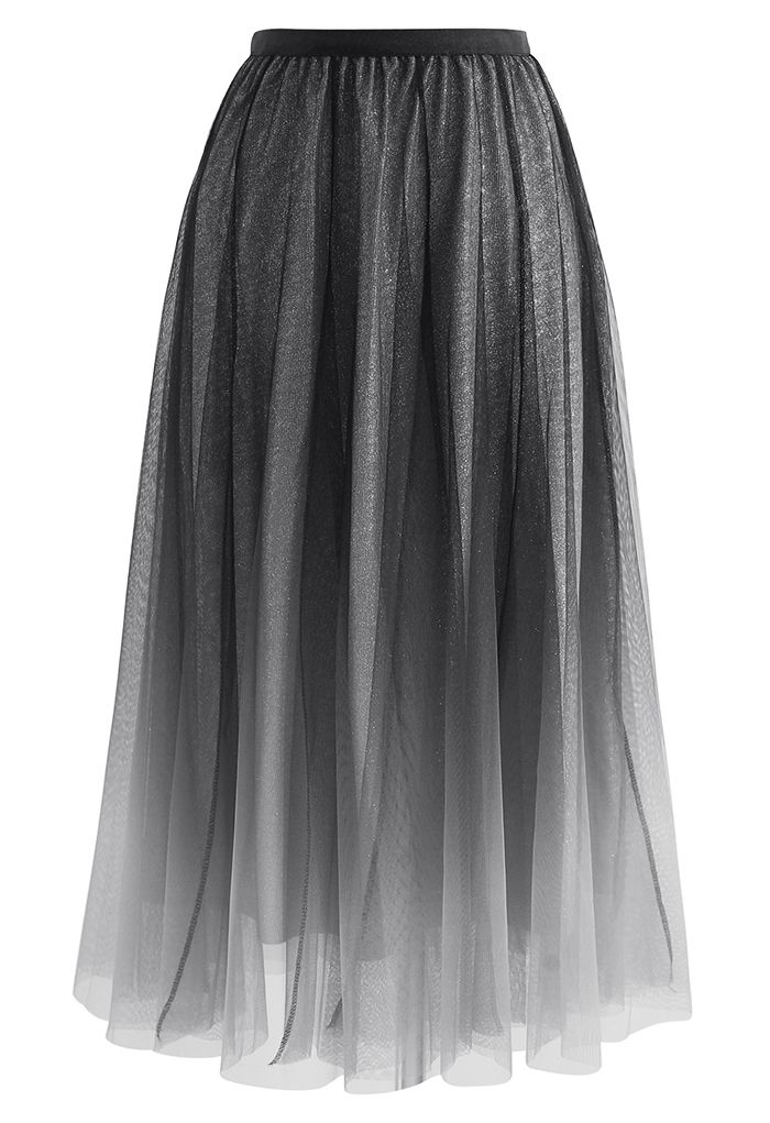 Falda midi de malla de terciopelo brillante degradado en negro