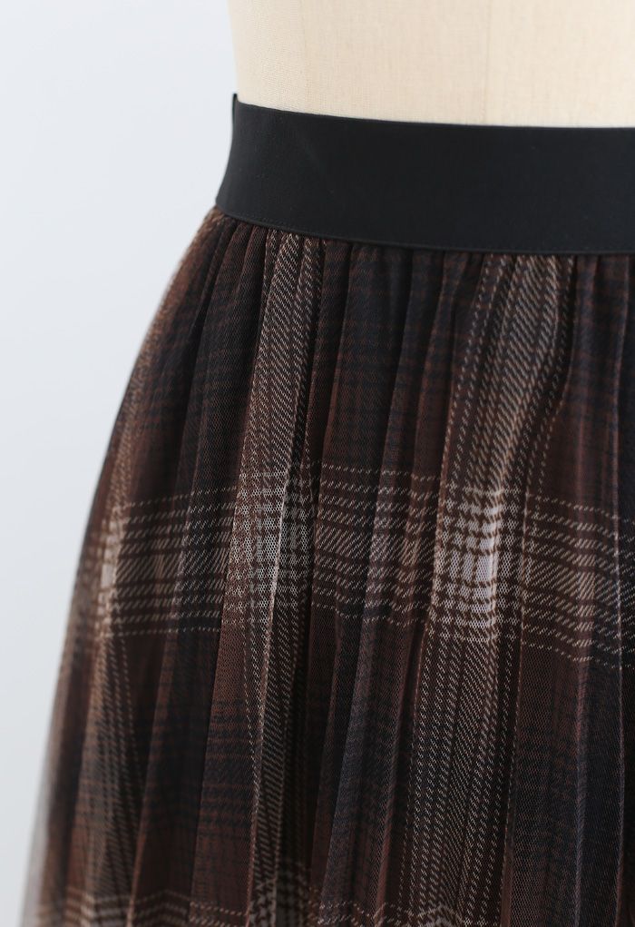 Falda midi de tul de malla de doble capa con patrón a cuadros
