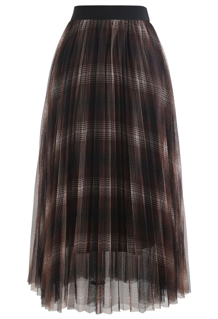 Falda midi de tul de malla de doble capa con patrón a cuadros