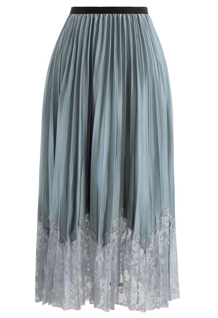 Falda midi plisada con dobladillo de encaje floral brillante en turquesa
