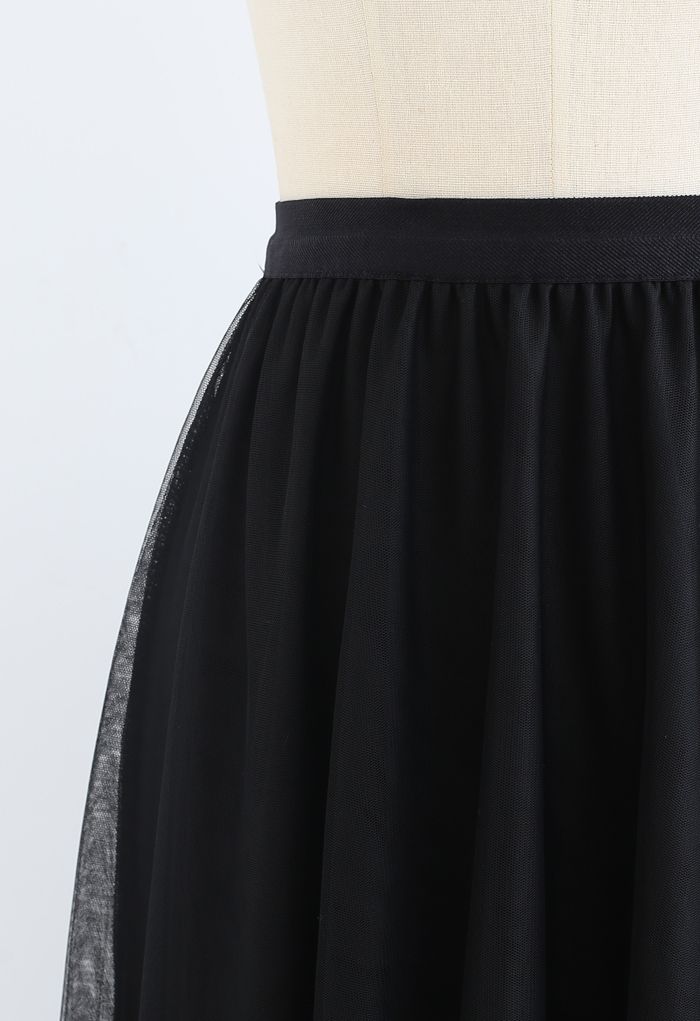 Falda de malla de tul de doble capa con encaje de borlas en negro