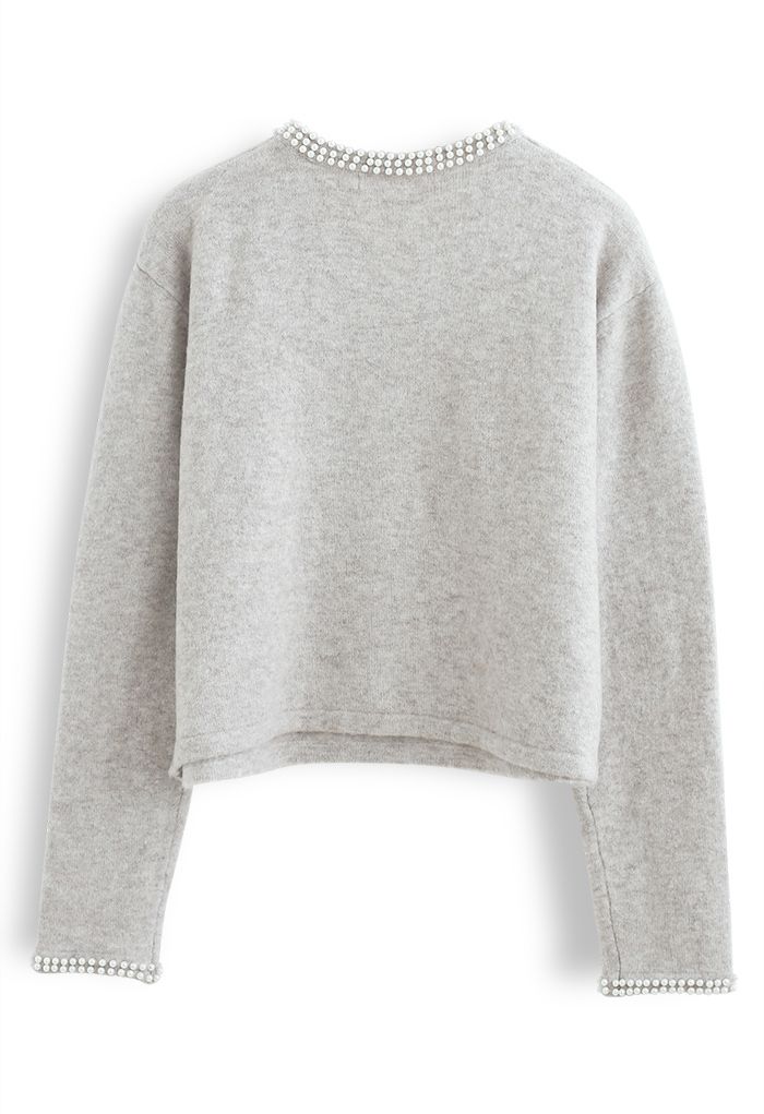 Suéter de punto esponjoso con cuello redondo nacarado brillante en gris topo