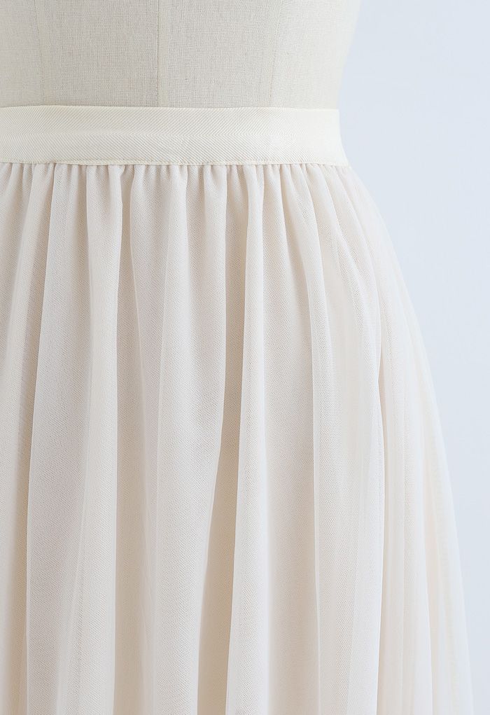 Falda de malla de tul de doble capa con encaje de borlas en color crema