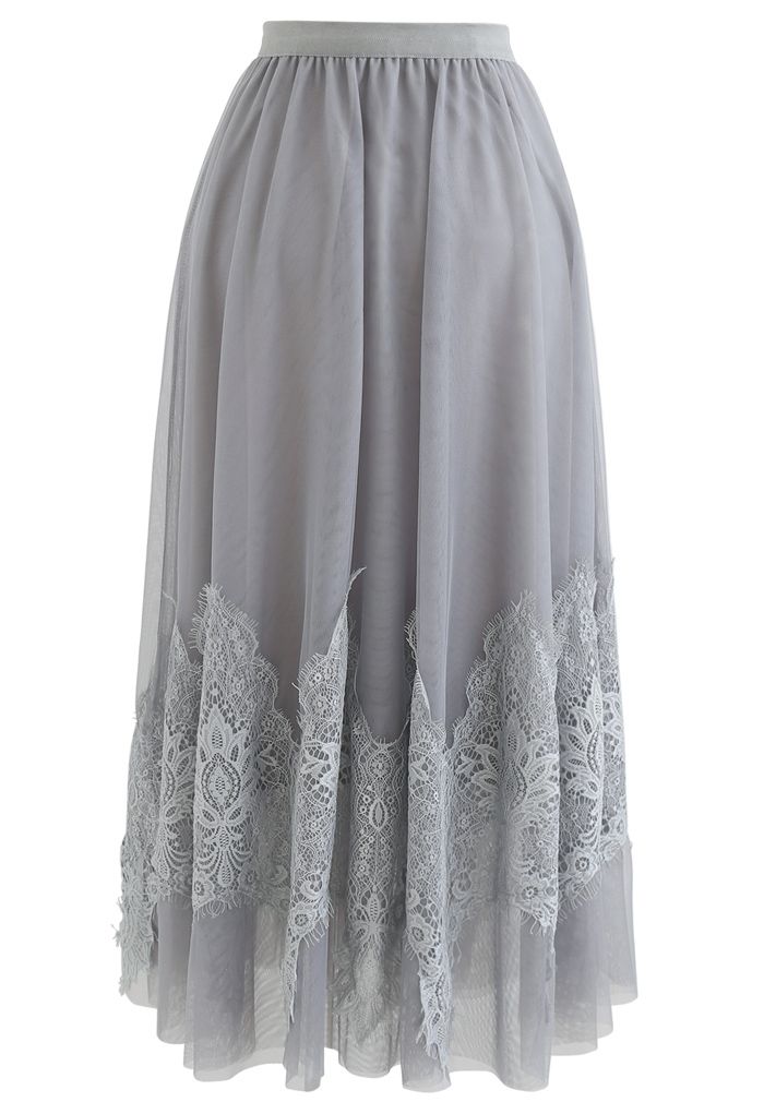 Falda de malla de tul de doble capa con encaje de borlas en gris