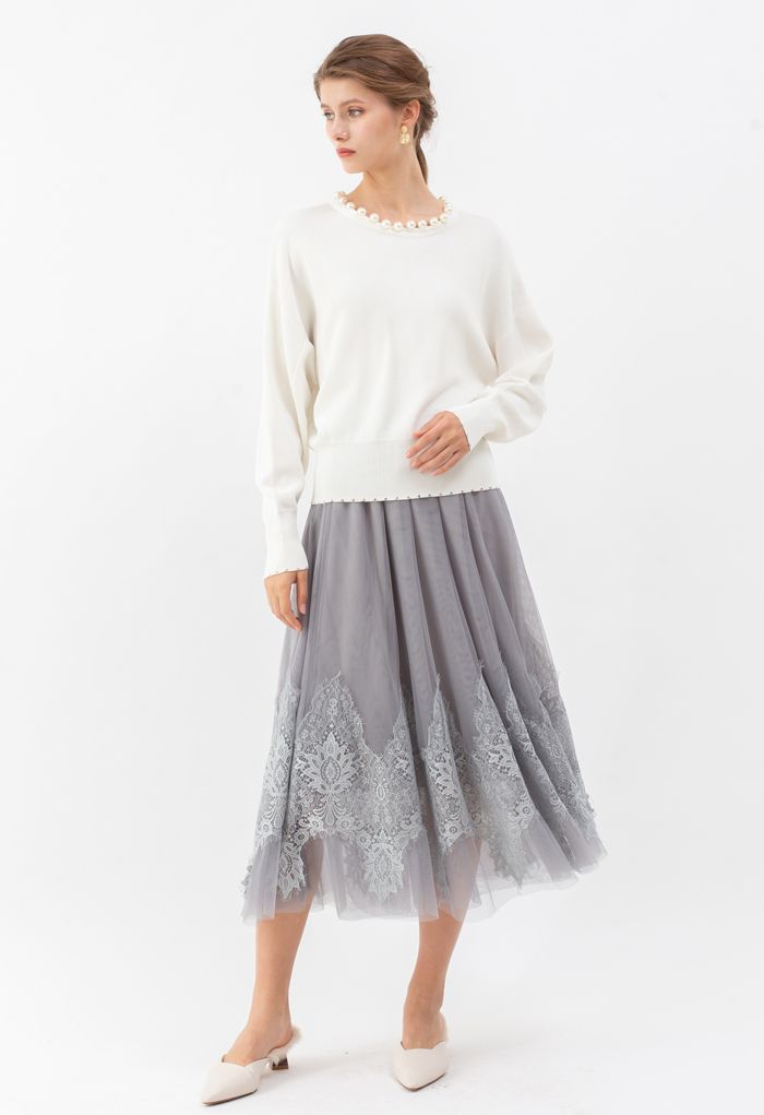 Falda de malla de tul de doble capa con encaje de borlas en gris