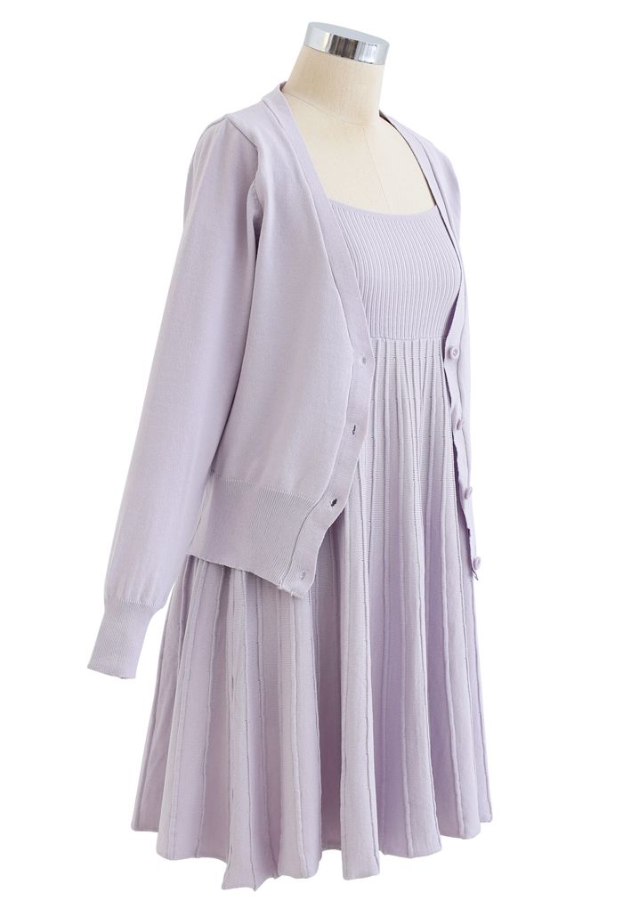 Conjunto de cárdigan de punto y vestido de tirantes en Lavender