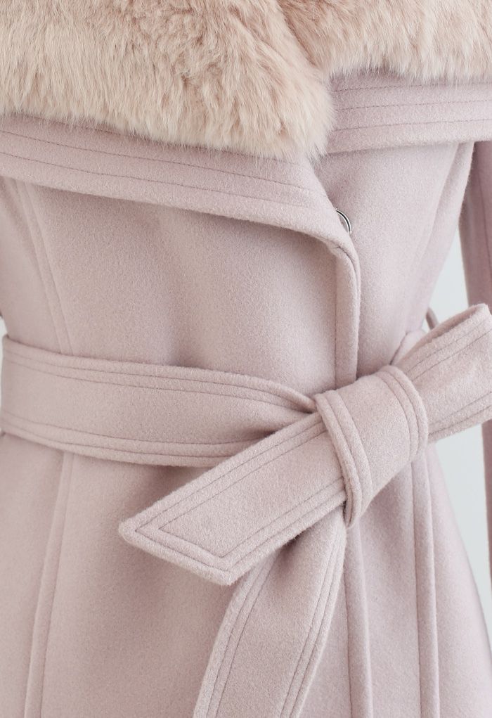 Abrigo de mezcla de lana con solapa ancha de piel sintética en rosa