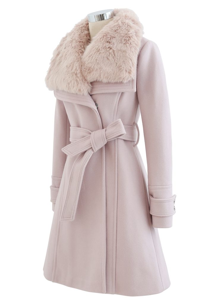 Abrigo de mezcla de lana con solapa ancha de piel sintética en rosa