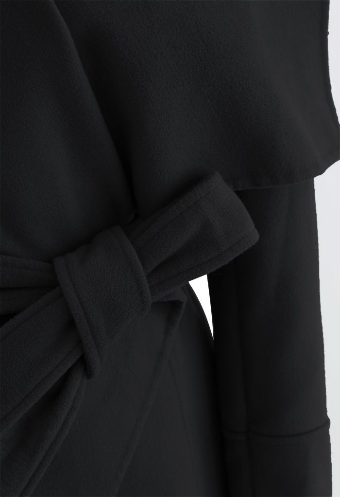 Abrigo de mezcla de lana envuelto con cinturón de solapa ancha en negro
