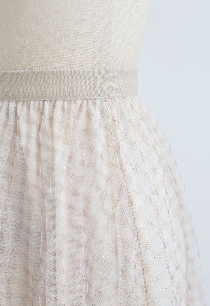 Falda de malla de tul de doble capa con hilo metalizado en color crema