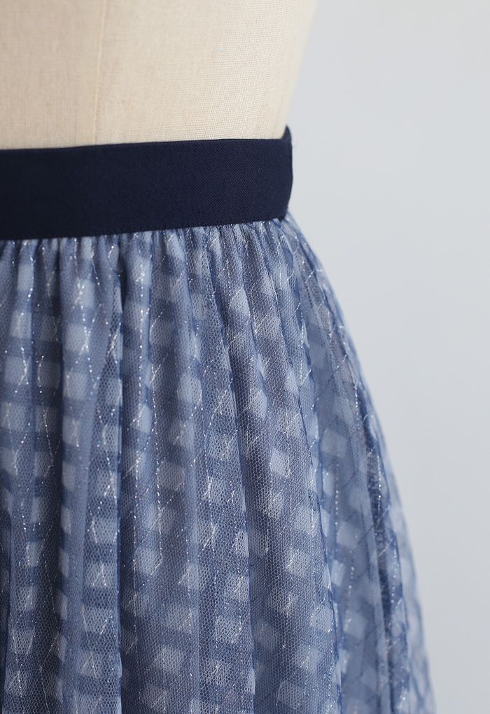 Falda de malla de tul de doble capa con hilo metálico en azul