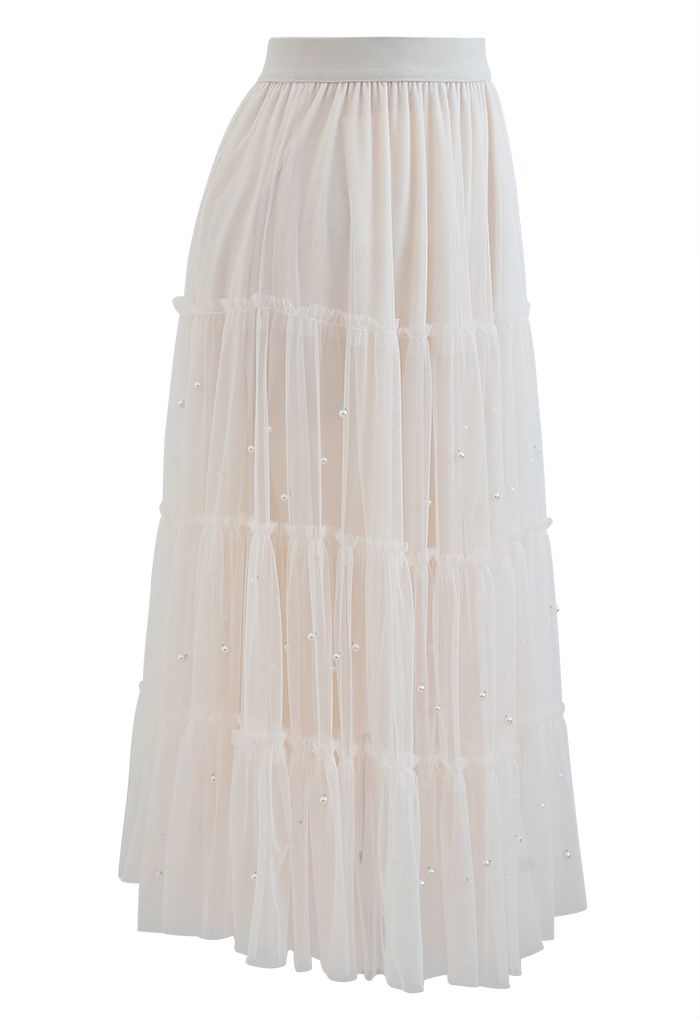Falda de malla de tul de doble capa con ribete de cuentas en color crema